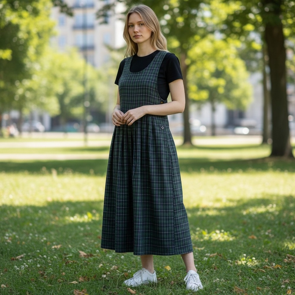 Plaid Sleeveless Midi Dress in Dark Green vintage sz 8
